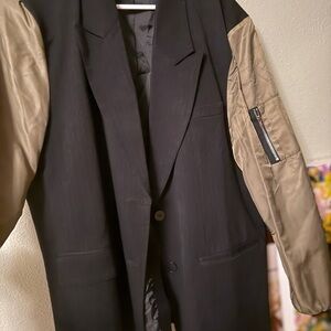 Black Long Blazer with Army Green Satin Sleeves